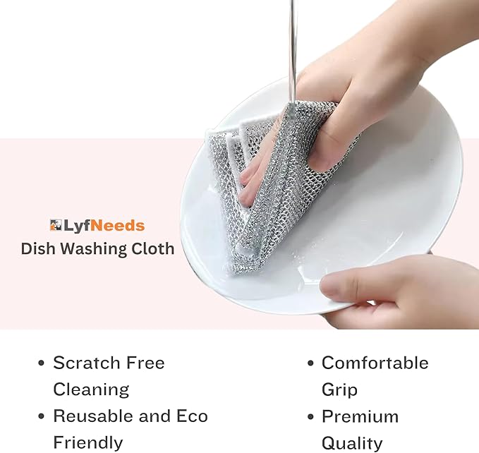 Non Scratch Wire Dishwashing Rag, 8 Pack Double Layer Reusable Wire Dishcloth, Silver Mesh Metal Cleaning Cloth for Pots, Pans, Sink, Steel Cookware, Wet & Dry Cleaning