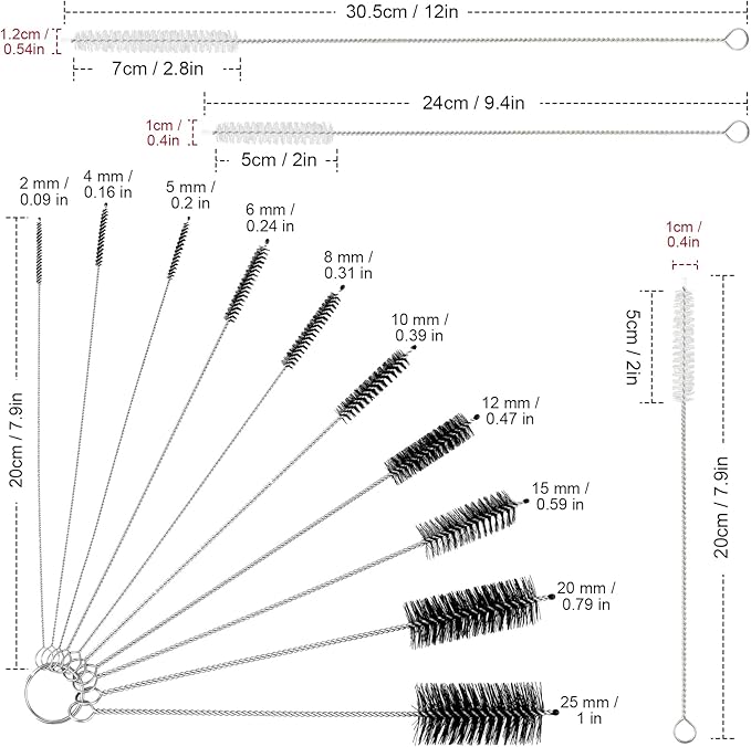 Reusable Straw Cleaning Brushes Bottle Test Tube Long Straw Cleaning Brush Nylon Washing Tool Reusable Bottle Brush in Different Size(White-Black,16 Pieces)