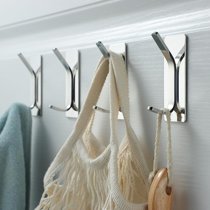 Taozun Polished Silver Towel Hooks 4pcs Stainless Steel Adhesive Hanging Hooks for Bathroom Stick on Wall Hooks for Home, Office, Kitchen