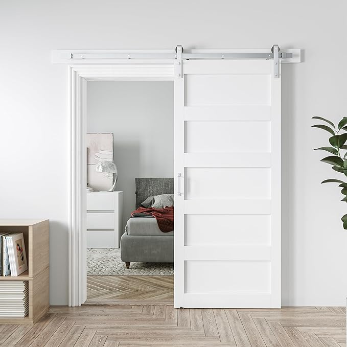 38in x 84in White Sliding Barn Door with 6.6ft Brushed Nickel Barn Door Hardware Kit & Handle, 5-Panel, Pre-Drilled Holes Easy Assembly, Water-Proof PVC Surface