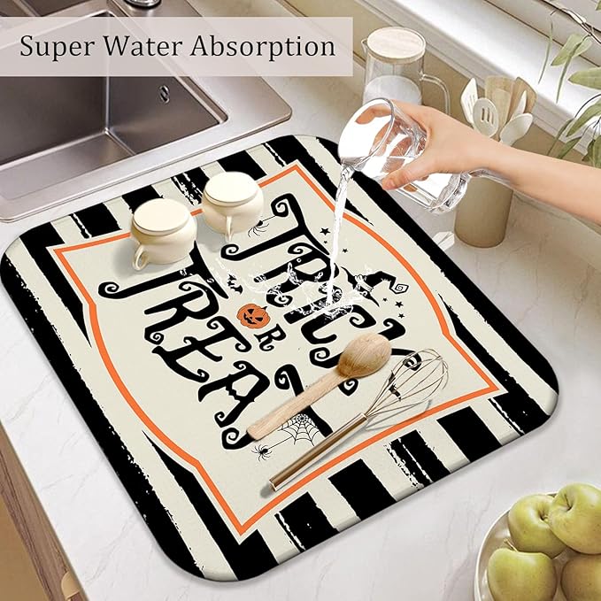 Halloween Dish Drying Mat for Kitchen Counter, Halloween Trick or Treat Microfiber Drying Mat,Distressed Black and White Background Washable Absorbent Countertop Holiday Dish Mat Drain Mat,16x18 Inch