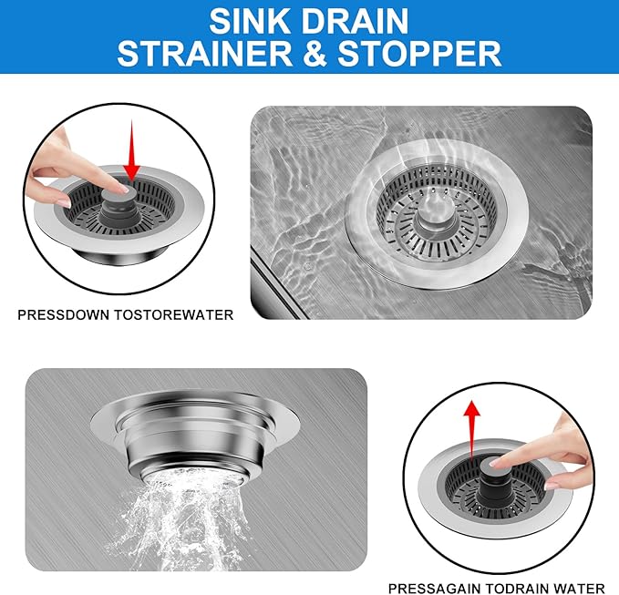 3 in 1 Kitchen Sink Drain Strainer & Sink Stopper, Anti-Clogging Sink Food Catcher Basket, Anti-Clog & Odor-Proof Drain Filter, Fits 3-1/2 Inch Sink Drain Holes (Silver-1Pack)