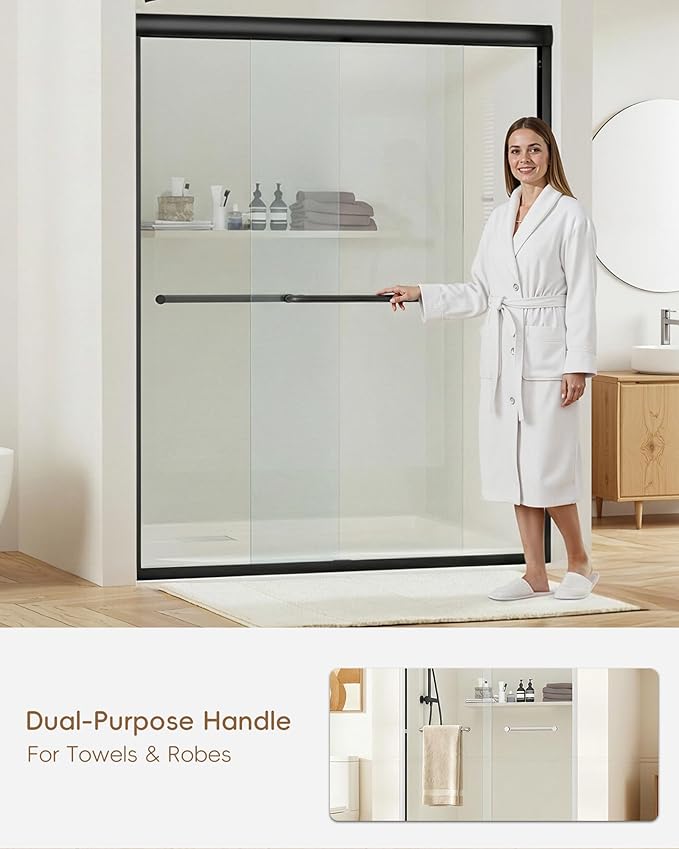 Shower Door 56-60'' W x 72'' H Semi-Frameless & Double Sliding, 1/4 inch (6mm) Thickness Clear Tempered Glass for Walk-in Shower, Matte Black
