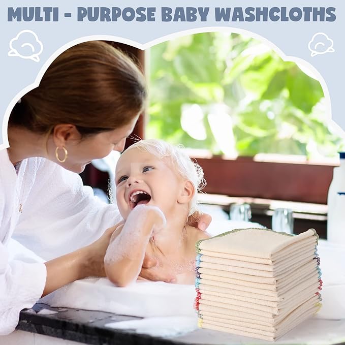 Zopeal 32 Pcs Flannel Cloth Baby Wipes Reusable Dispenser Washable Soft Natural Unbleached Baby Face Cloth Wipes 8 Colors Outer Stitching 8 x 8 Inches
