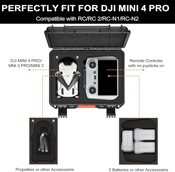 Hard Case for DJI Mini 3 Pro: IP67 Waterproof Carrying Cases for Mini 4/3 Pro/3 Drone RC 2/RC Smart Controller | Traveling Storage Box for Propellers Accessories (Case Only) (Black for RC 2)