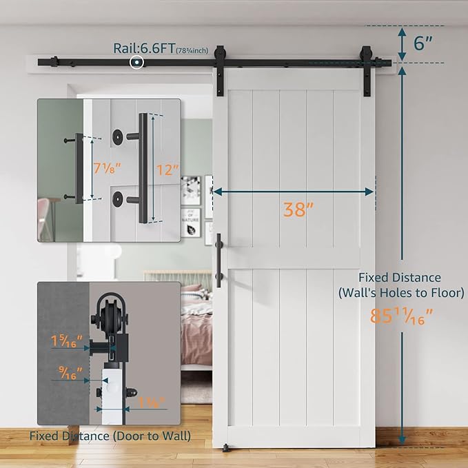 38''x84'' Sliding Barn Door with 6.6 Ft Barn Door Hardware Kit& Handle& Floor Guides,Pre-Drilled Holes Easy Assembly - Include Installation Manual, Water-Proof PVC Surface, H-Frame, White