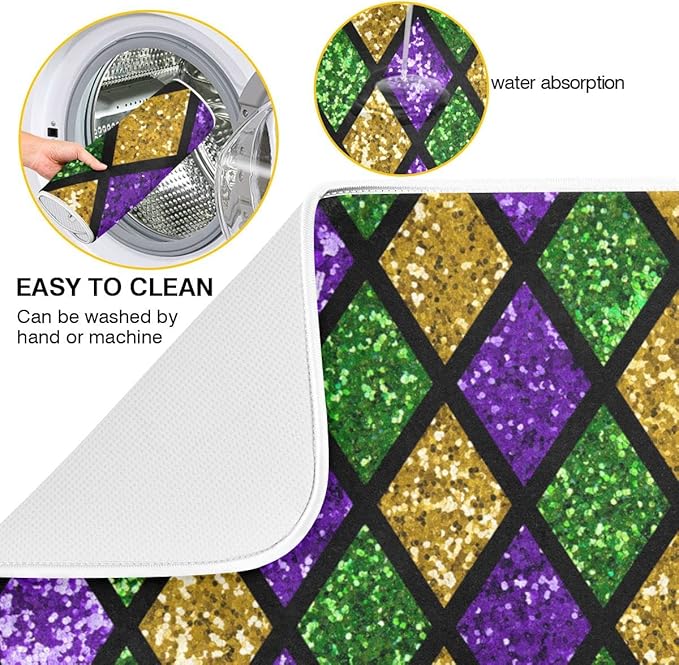Mardi Gras Dish Drying Mat for Kitchen Gold Purple Green Buffalo Plaid Microfiber Drying Mats Absorbent Reversible Dish Pad Medium Dish Draining Mat 16x18 inch