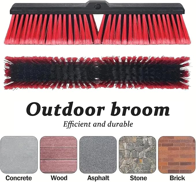 18" Push Broom Outdoor Heavy Duty, Snow Broom with Long Handle, Shop Broom Garage Push Broom for Garden, Patio, Garage, Bathroom, Kitchen, Tub, Carpet, Tile, Deck, Concrete, Industrial (RED)