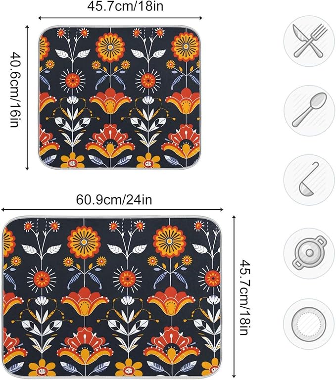 Floral Pattern Traditional Folk Art Dish Drying Mat for Kitchen Counter Absorbent Microfiber Drying Pad, Medium 16x18 in, Reversible Drainer Mats