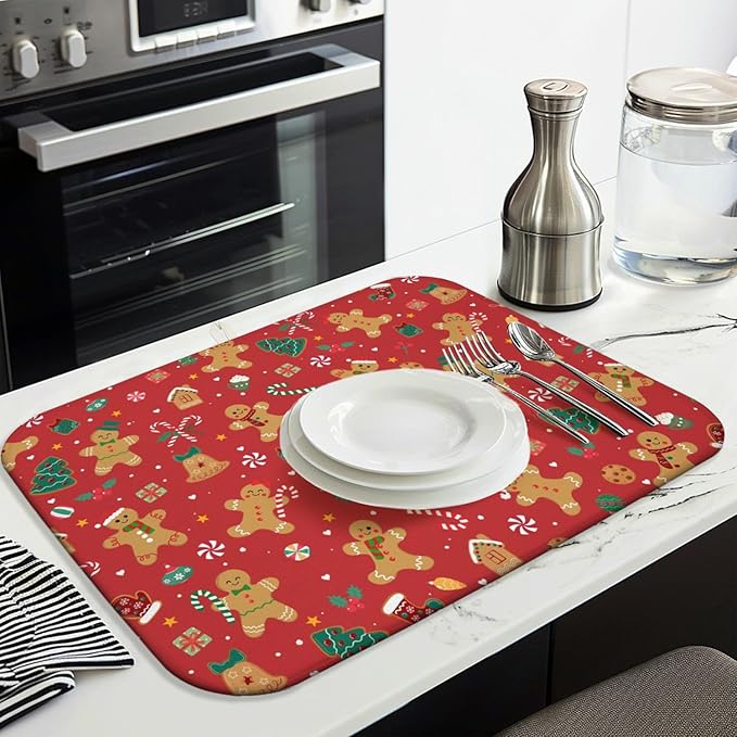 Christmas Kitchen Countertop Dish Drying Mat, Red Christmas Gingerbread Man Snowflake Pattern Microfiber Kitchen Drying Mat, Washable Absorbent Countertop Xmas Winter Holiday Dish Mat Drainer,18x24 In