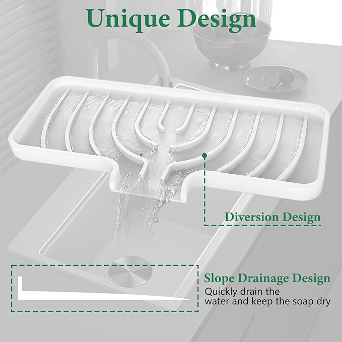 GUUKIN Sponge Holder for Kitchen Sink, 10x5 inch Silicone Dish Drying Mat, Compatible with Scrub Daddy, Kitchen Sink Accessories, Suitable for Kitchens & Bathrooms (White)