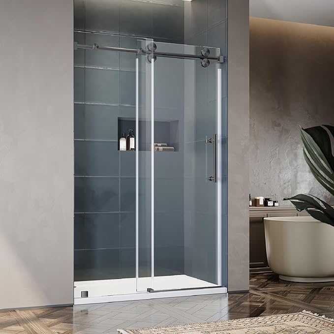 50-55 Inch x 76 Inch Sliding Frameless Shower Door, 3/8" Tempered Glass with Easy-Cleaning Coating, Stainless Steel Rollers & SGCC-Certified Stability, Space Gray
