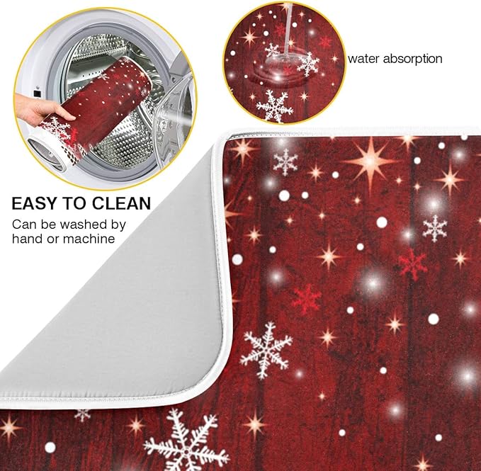Christmas Tree Dish Drying Mat 16x18 inch Xmas New Year Snowflake Wooden Dish Drainer Kitchen Counter Mats Bottles Dish Dry Pad Protector for Kitchen Countertops
