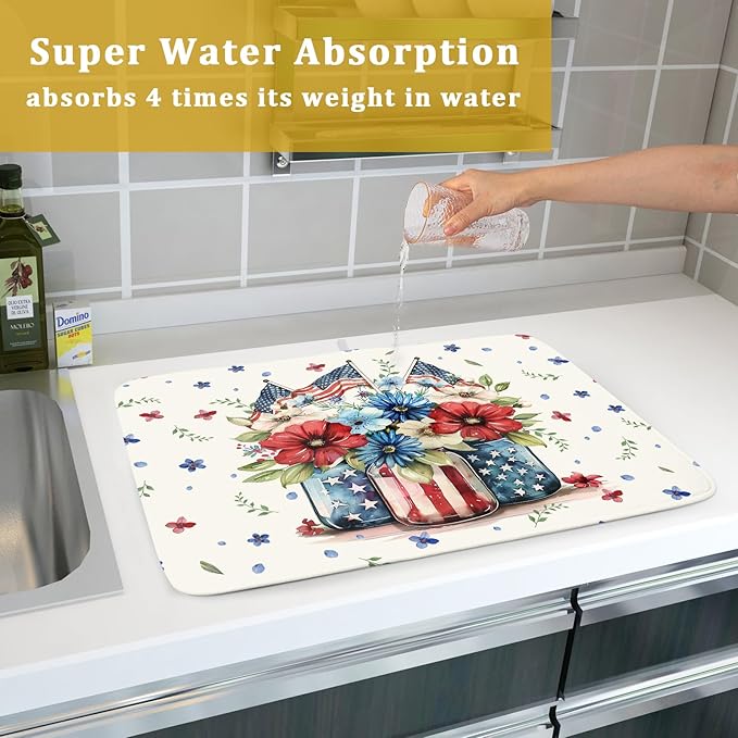 Giwawa American Patriotic Floral Dish Drying Mat Flower Vase Drainer Rack Mats 18"x24" Absorbent Microfiber Dish Dry Pad for Kitchen Counter Sink
