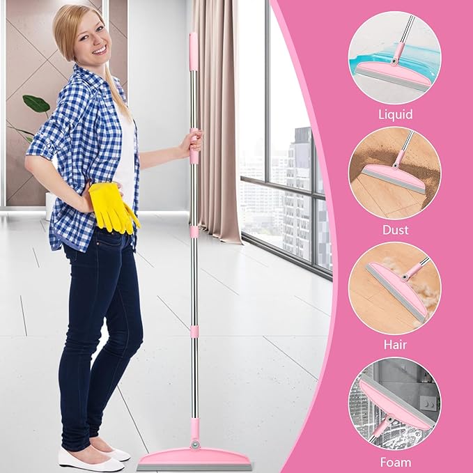 Multifunction Silicone Broom, 54 Inch Adjustable Long Handle Rubber Magic Broom Sweeper for Floor Bathroom Kitchen Shower Pet Hair Glass(Gray Pink)