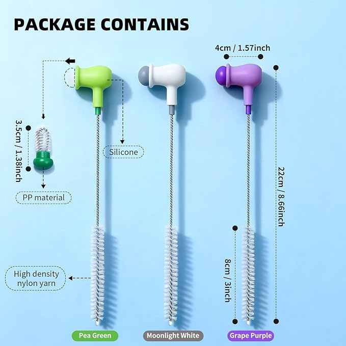 3 Pack Straw Cleaner Brush with Crevice Cleaning Tool Drinking Straws Cleaning Brush for Sippy Cup Water Bottle Tubes Tumbler 2-in-1 Reusable Pea Long Straw Pipe Cleaner Brushes