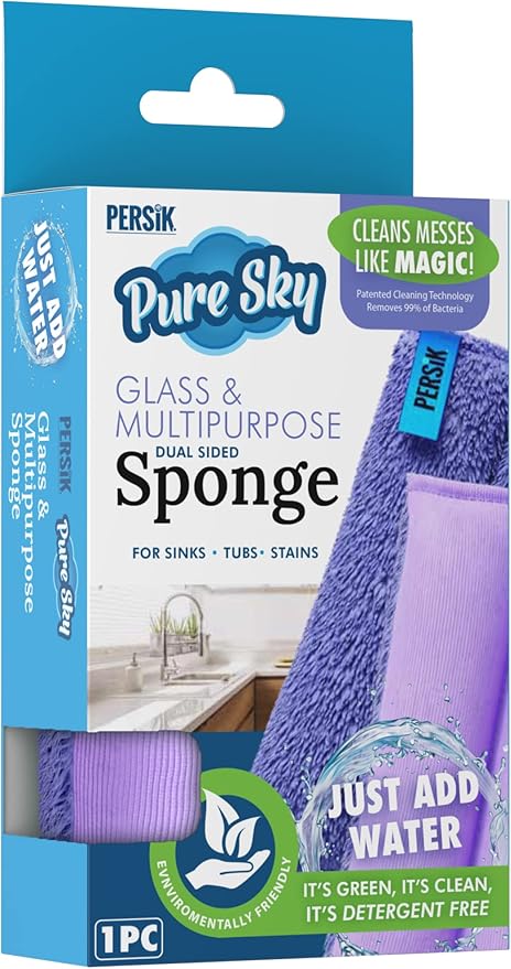 Pure-Sky Ultra Microfiber Cleaning Sponge – 2-in1, Combination for Glass and Multipurpose – JUST ADD Water No Detergents Needed – Use for Windows, Glass, Mirrors, Removing Stains in The Cracks