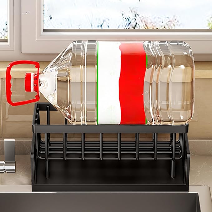 Kitchen Sink Organizer with Drain Tray, Sponge Holder, Brush Storage, Auto-Drying Rack for Dish Soap, Cleaning Tools, Countertop or Sink Caddy for Kitchen Decor