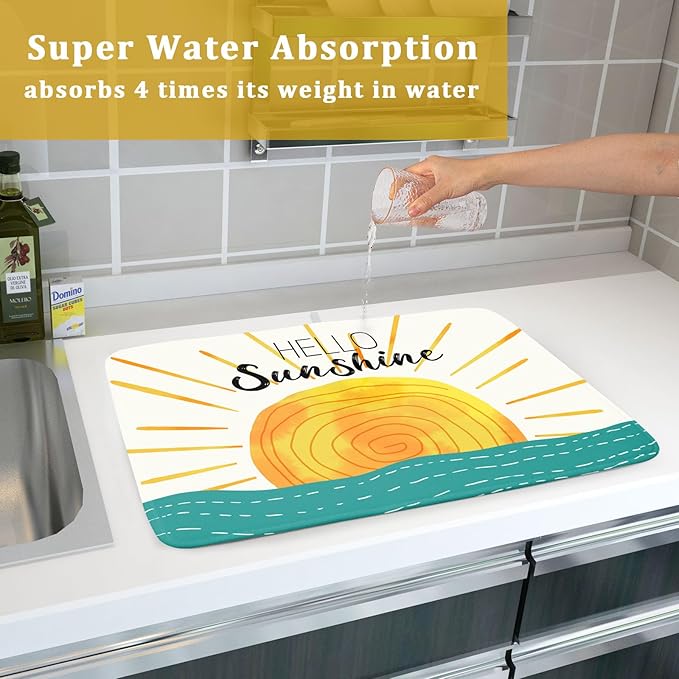 Summer Seaside Sunset over Sea Dish Drying Mat for Kitchen Counter,Hello Sunshine Drying Mat 18 x 24 Inch with Absorbent Reversible Microfiber Drying Pad for Coffee Bar