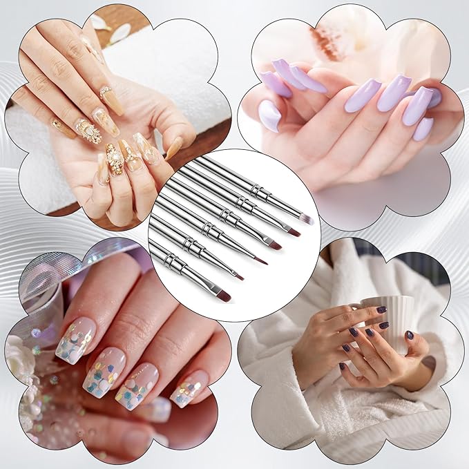 6Pcs Acrylic Nail Brushes, Nails Art Clean Up Brushes Metal Nail Polish Remover Brush Omnipotent Grid Dyeing Flat Oval Fine Angled Gel Brush for Gel Dilution, Halo Dyeing, Watercolor