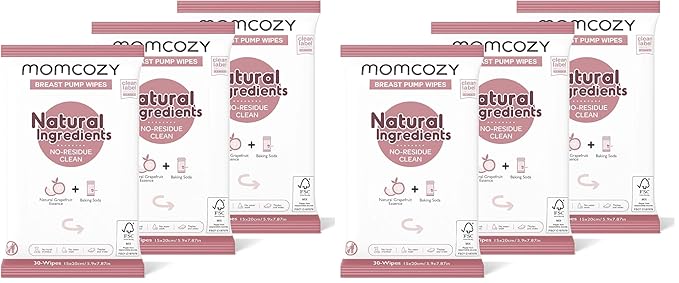 Momcozy Natural Breast Pump Wipes for Pump Parts Cleaning On-the-go, 30 Count (Pack of 6), Flash Clean & Resealable Pump Wipes