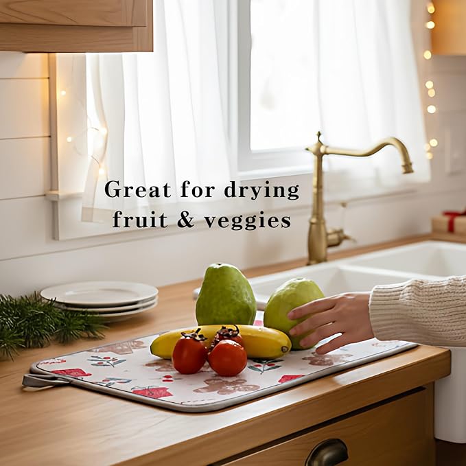 Festive Dish Drying Mat 2 Pack by JM.JEEMI, Versatile Dish Mat Drying Kitchen Mat for Counters, Kitchen Drying Mat - Microfiber, 11.8 by 15.7 Inch