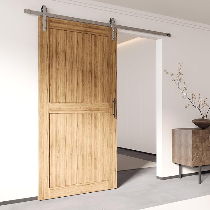 Homacer Brushed Nickel Non-Bypass Sliding Barn Door Hardware Kit, for One/Single Door, 15ft Long Flat Track, Classic Design Roller, Heavy Duty, for Interior Use Only（Doors Not Included）