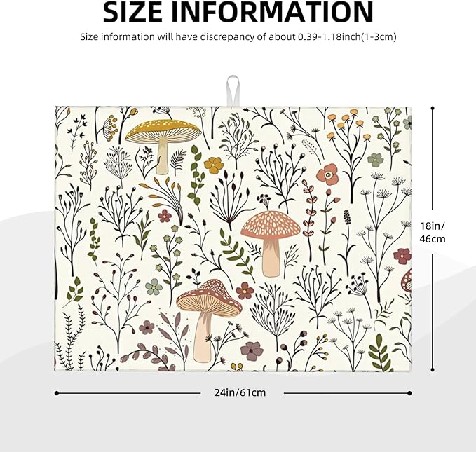 Cute Mushrooms Dish Drying Mat 18x24 inches Microfiber Absorbent Fast Dry Mat for Kitchen Counter Coffee Bar Mushrooms Plants Large Drying Mat Kitchen Decor Gifts (Cute Mushrooms, 18x24 inches)