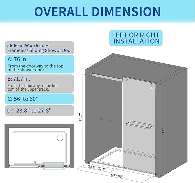 56-60 in. W x 76 in. H Double Sliding Frameless Shower Door, 5/16" (8mm) Tempered Glass with Double Nano Coating, Easy-to-Clean Bathroom Glass Door （Bright Chrome）
