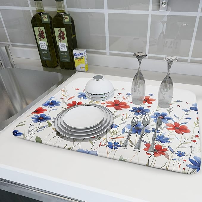 Khope 4th of July Dish Drying Mat for Kitchen Counter 18x24 Inch America Red Blue Floral Reusable Washable Memorial Day Flowers Drying Pad Countertop Home Decor