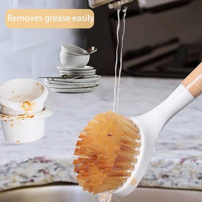 Dish Brush with Built-in Scraper, Non-Slip Durable Plastic Handle Heavy Duty Scrubber for Pots and Pans, Kitchen Sink Cleaning Caked-On Food, 2 Pack