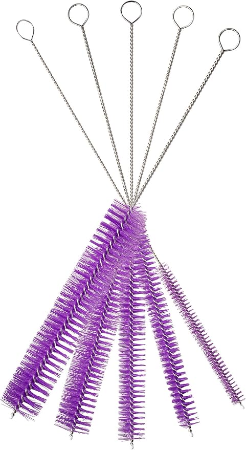 10" Tube Cleaning Brush Set, 5 Pack Large, Extra Long Nylon Straw Brushes with Flexible Handles for Bottles, Cleaning Straws, Pipe Cleaners, Keyboard, Glass, Guns, Detailing and Deep Cleaning, Purple