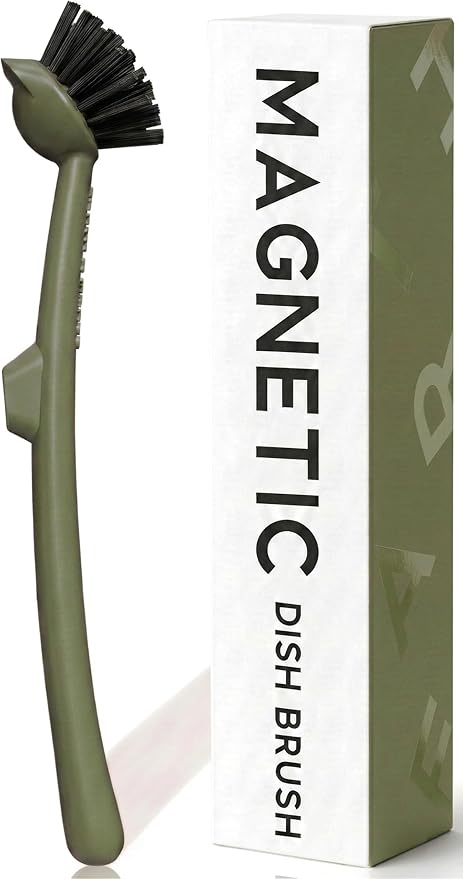 Earth & Mango Magnetic Dish Brush & Scraper, Snaps to Sink, Non-Scratch, Dishwasher Safe, Dish Scrubber – Moss Green