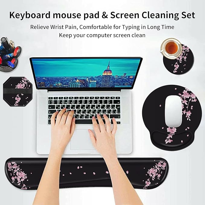 Wrist Rests for Keyboard and Mouse Support Gel Pad + Screen Cleaning Pad + Coaster, Cloth Wipes for Laptop/Computer Screen, Ergonomic Memory Foam Mousepad for Gaming/Work, Cherry Blossoms