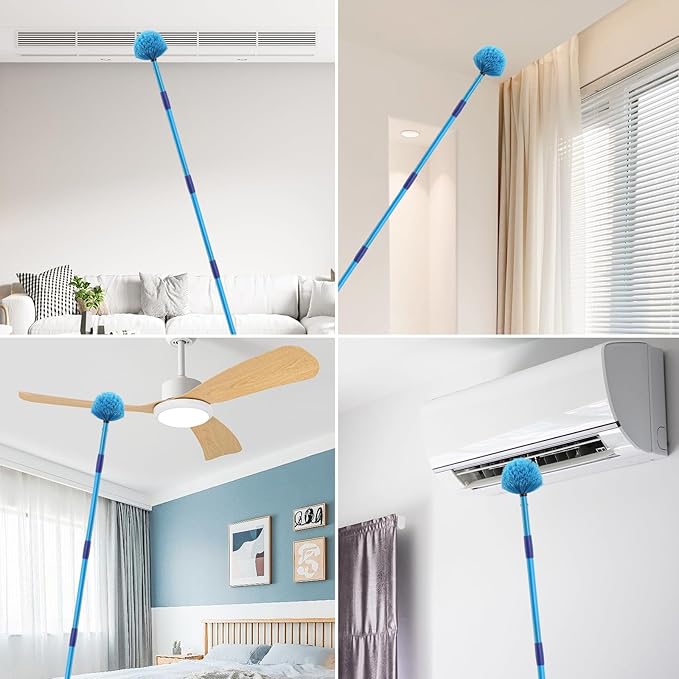 Dusters for Cleaning,Duster, Cobweb Duster with Extension Pole, Medium Stiff Bristles Cobweb Duster Head Ceiling Fan Duster Webster Cobweb Duster for Outdoor Indoor Cleaning (Blue, 8 FT)