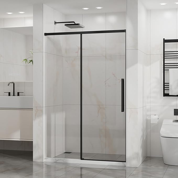 Semi-Frameless Shower Door 48" W x 72" H, 1/4" Clear Tempered Glass, Sliding Design, Reversible Installation, Matte Black Finish, Space-Saving Glass Shower Door for Small Bathrooms