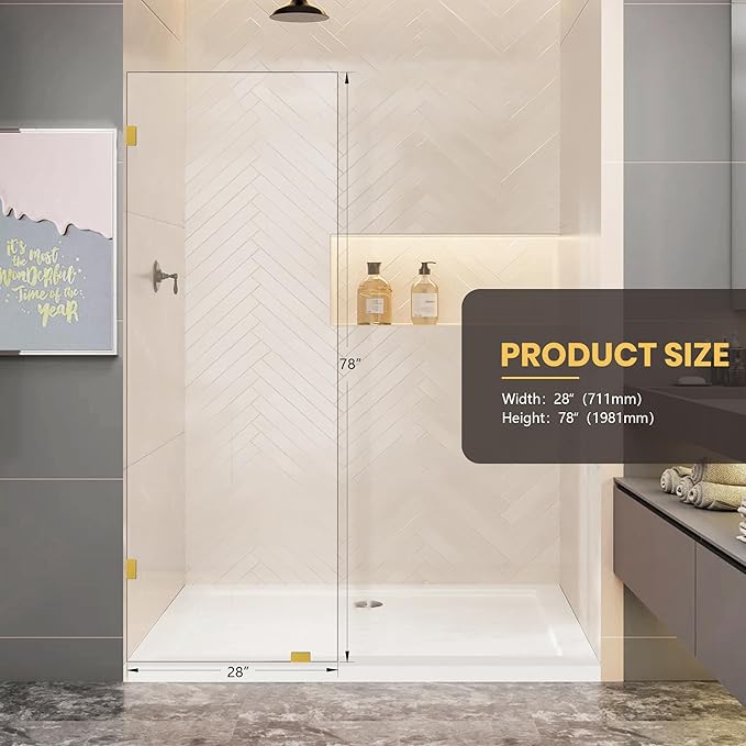 28" W x 78" H Frameless Shower Glass Panel, Single Fixed Shower Panel Screen with Clamps, 5/16"(8mm) Clear Tempered Glass, Bathroom Shower Doors Fixed Shower Glass Door Panel in Brushed Gold