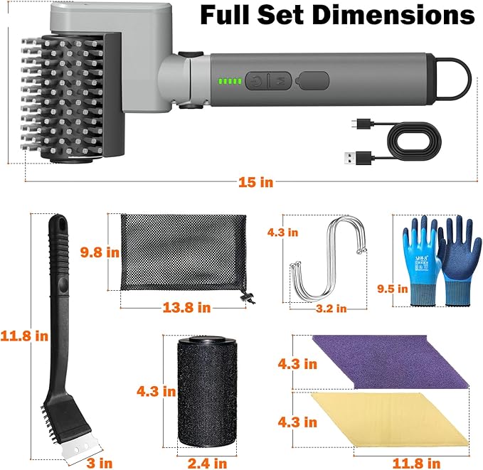 Electric Grill Brush Cleaner for Outdoor,150Mins BBQ Grill Cleaner with 3 Heads, 3-Speed & Angle Adjust Cordless Rotary Grill Brush,Waterproof Motorized Grill Cleaning Brush Kit for Barbecue Grates