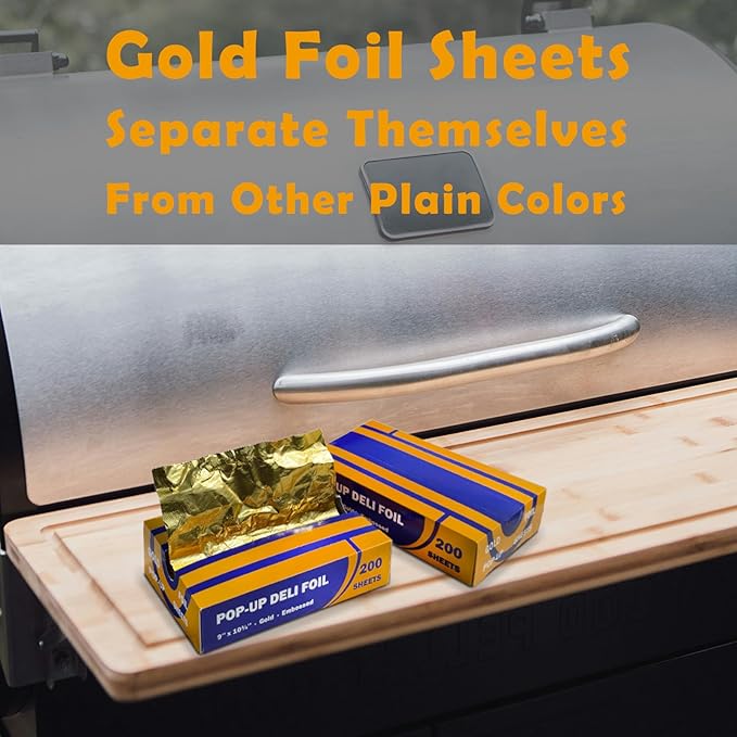 200 Count Pre-cut Pop-up Deli Aluminum Foil Sheets – Gold Color, 9’’ x 10.75’’ Disposable Wrappers for Food Wrap, 200 Sheets Pop-up Foil with Embossed Design