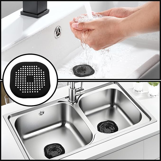 2 Pack 5.5 Inch / 140mm Drain Hair Catcher, Silicone Sink Drain Strainer Square Shower Drain Hair Catcher, Drain Protector Hair Catcher Hair Stopper for Bathroom Bathtub (Black)