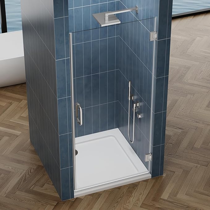 Framelss Hinged Shower Door, 36"W x 76"H Single Swing Pivot Shower Door, 3/8" (10mm) Tempered Glass with Nano Coating, Stainless Steel Handle, Glass Door for Walk-in Shower - Brushed Nickel