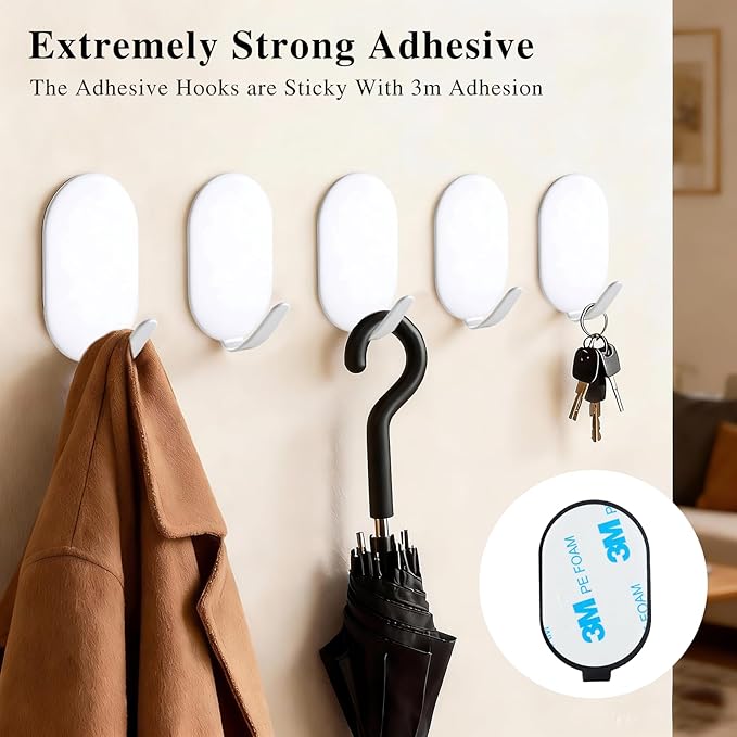 Sticky Adhesive Hooks for Hanging, Key Hooks, Stainless Steel Wall Hooks, Command Hooks, Coat Hooks, Door Hooks, Towel Hanger, Metal Hook, Utility Hooks,Picture Hanger, Storage Hooks, 10Pcs (White)