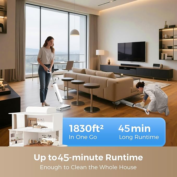 Wet Dry Vacuum Cleaner, 17000Pa Cordless Vacuum Mop Combo for Hard Floors, 180° Lay-Flat Design with Edge Cleaning, Self-Cleaning Floor Washer, Up to 45 Min Runtime, LED Display & Voice Prompts