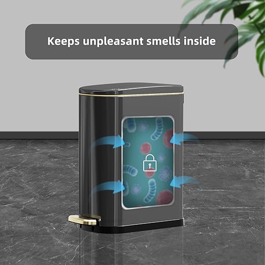 2.6 Gallon Slim Bathroom Trash Can with Soft-Close Foot Pedal, 10L Stainless Steel Garbage Can with Removable Liner Bucket, for Narrow Spaces,Bathroom, Bedroom (Titanium Black)