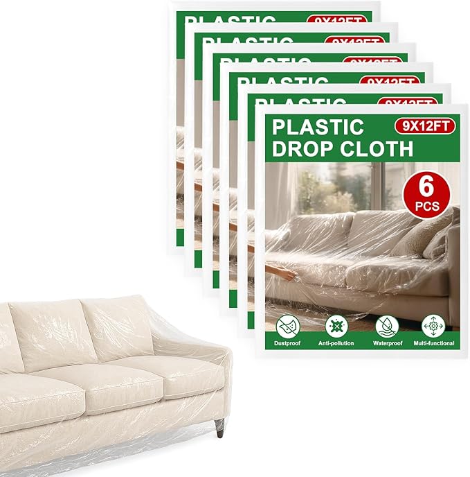 6-Pack 9x12 ft Painter Plastic Drop Cloths Sheet,Waterproof Anti-dust Cover, Disposable Tarp for Painting for Couch/Furniture Cover