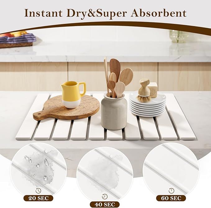 Large Stone Dish Drying Mats for Kitchen Counter,23.6“x 15.3”,Eco-Friendly,Foldable quick dry stone mat kitchen,Absorbent Diatomaceous Earth Mats for Dishes Bottles Cups Bathroom Any Countertop-white