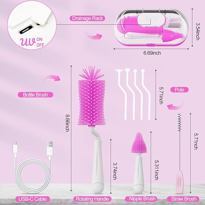 Bottle Brush Set with Drying Rack,Travel Bottle Cleaner Kit with Baby Bottle Brush,Straw Cleaner Brush,Nipple Brush-Baby Travel Essentials for Flying (Purple, Box-Shaped)