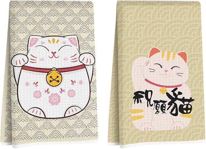 2 Pcs Japanese Lucky Cat Kitchen Towels 24x14 Inch, Maneki Neko Gifts Reusable Dish Towels for Kitchen Bathroom Decor, Waffle Weave Hand Cloth Tea Towel, Cute Cat Lover Gifts for Women Mom Friend