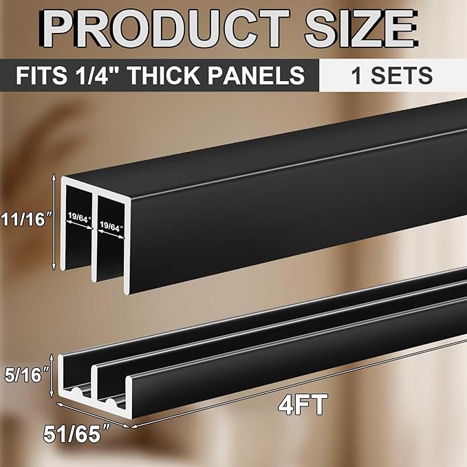 Landical 1 Set 4 ft Black Aluminum Sliding Door Track Set for 1/4" Thick Panels Closet Glass Doors Cabinet Window Aluminum Alloy Metal Sliding Track