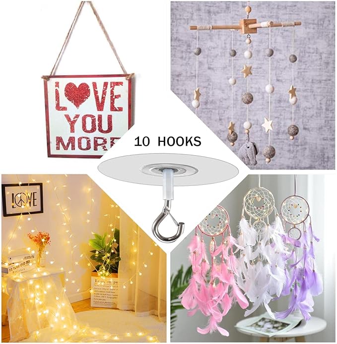 No Hole Adhesive Ceiling Hooks for Hanging Light Plants,Sticky Eye Hooks for Hanging Boby Mobile Curtain,Set of 10 (Round)